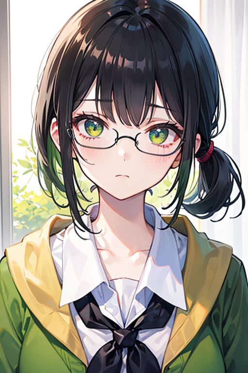 hair flower,star hair ornament,glasses,collared shirt,green bowtie,1girl,short hair,buttons,parted lips,looking at viewer,portrait,cropped shoulders,grey background,simple background,black ribbon,by ichinomiya yuu,solo,blunt bangs,black flower,hair ribbon,gradient background,star (symbol)