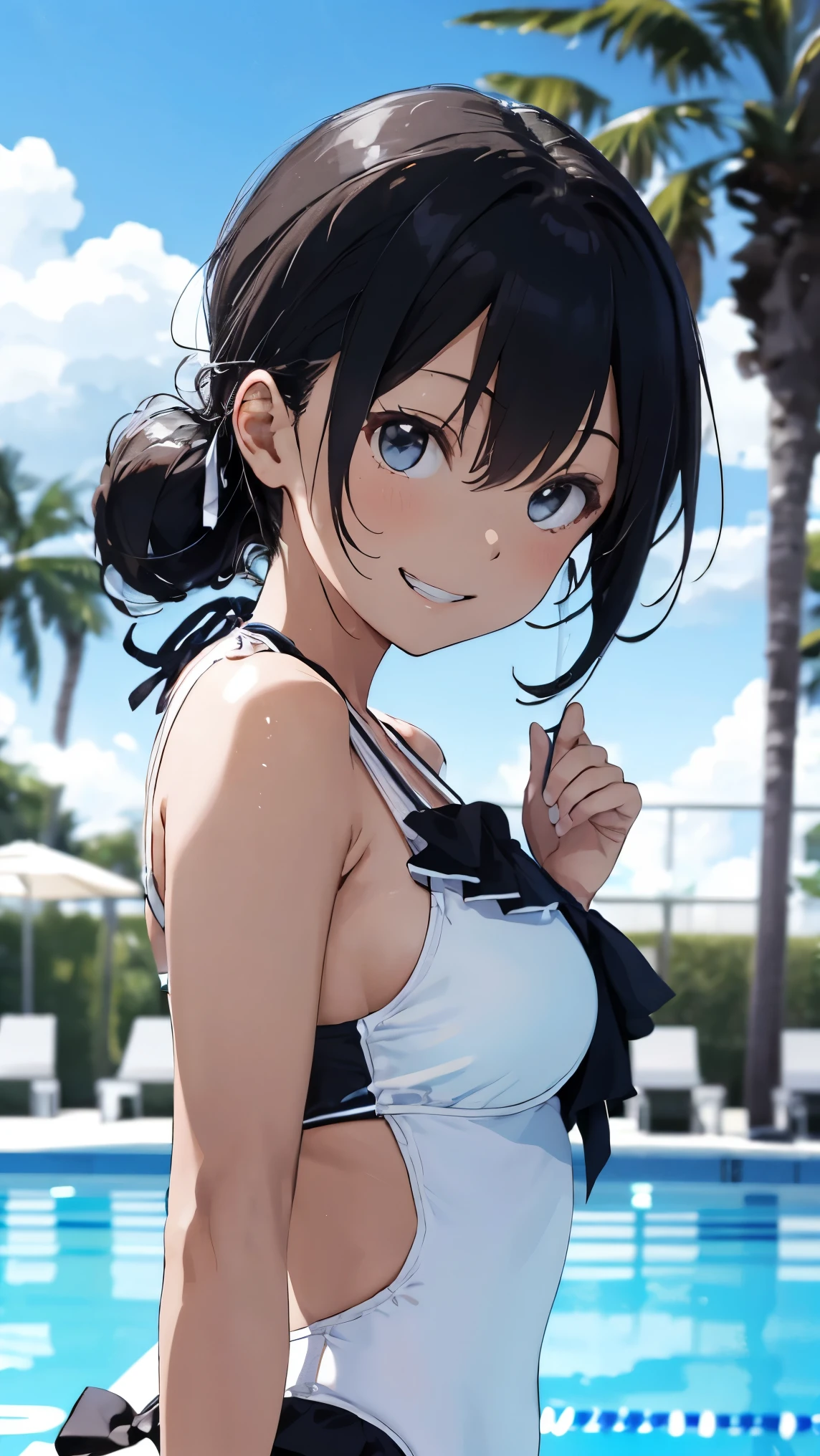 ((masterpiece, highest quality, High resolution, Hmm, Pixel perfect, Depth of written boundary, 4k, RTX, HDR))), 1 Girl, single, alone, Beautiful Anime Girls, Beautiful art style, Sunburned skin, anime character,,(Black hair,Under twin tail:1.5), (Smooth texture:0.75, Realistic texture:0.65, Realistic:1.1, Anime CG Style), Medium breast, (Dynamic Angle, Dynamic pose:1.4, Watching the audience), Perfect body ,(Black Tube Top), mini skirt, smile, Sunburned skin,