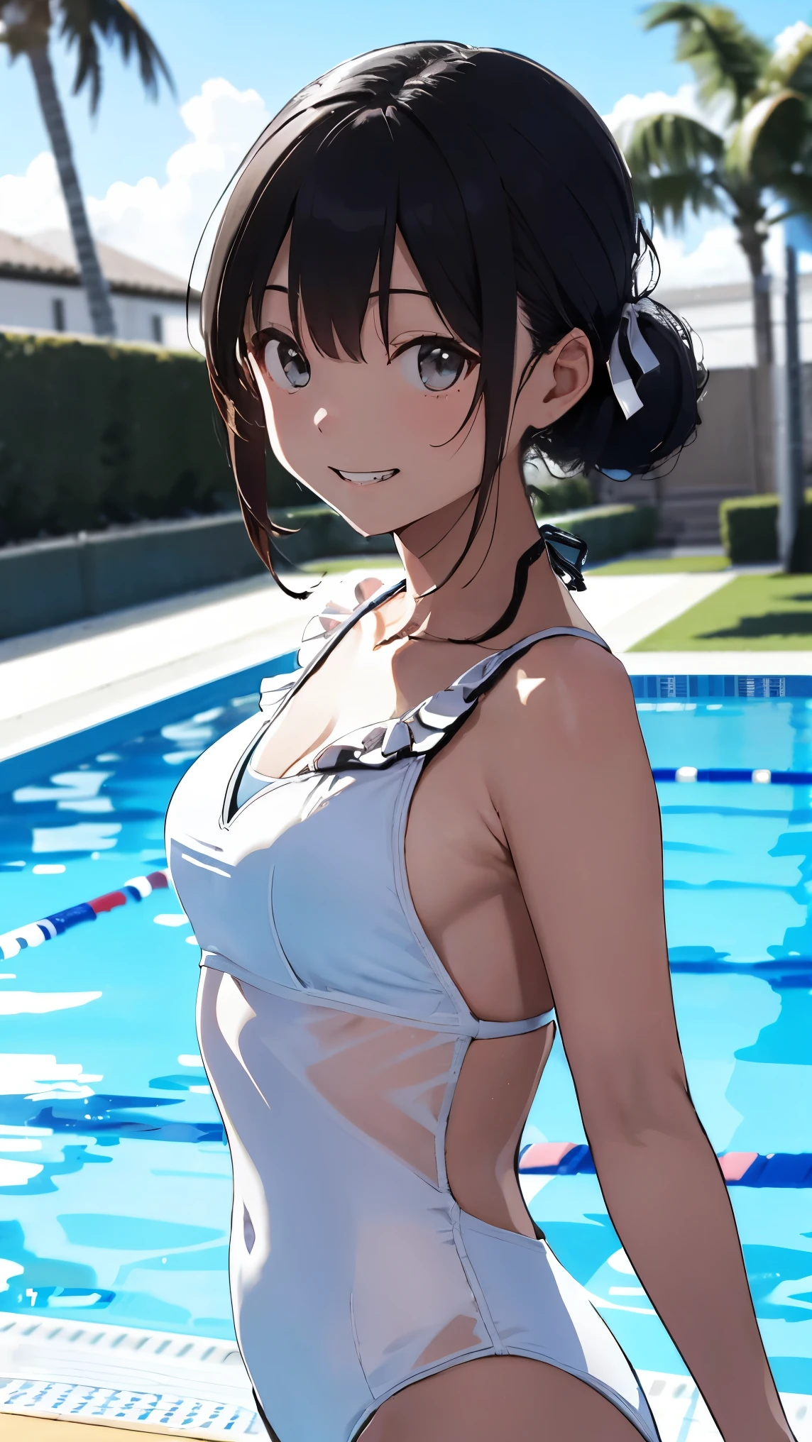 (Highest quality, masterpiece, High resolution)、4k anime art、(1. Beautiful Japanese Woman、20-year-old)、(whole bodyポートレート、natural standing posture)、Detailed depiction of a beautiful face、Smiling Kindly、Small breasts、Slim figure、((Cat ear))、Medium Short Hair、semi-long、Hair Bun、Wet 水着、bikini、One piece swimsuit、A pareo skirt with ethnic patterns and primary colors、Realistic Skin、Wet、whole body、No zoom、No close-ups、Pool、(((Blank Background)))、(((White Background)))、