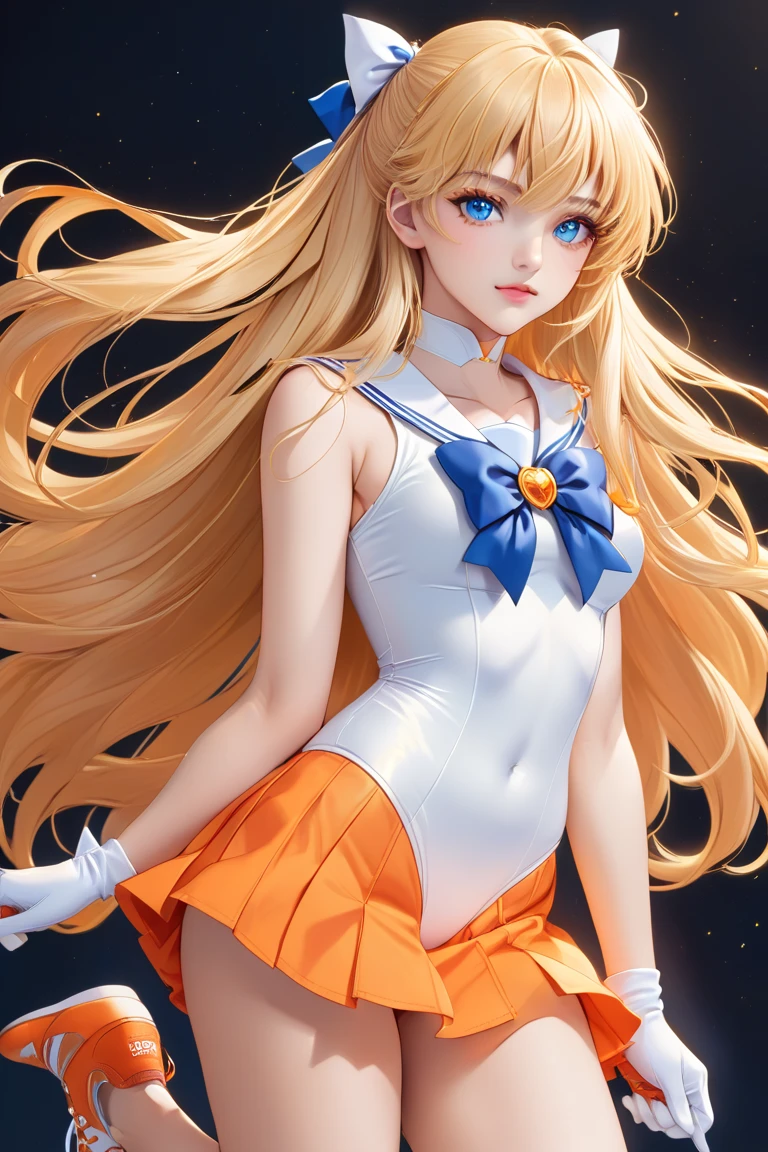 sailor moon, 1 girl, blonde hair, long hair, blue eyes, detailed eyes, simple background, female focus, alone, Standing, Usagi Tsukino, portrait, full body, (Masterpiece:1.0), (best quality:1.0) , (wallpaper 8k:1.0), (detailed beautiful face:1.0), (detailed deep eyes), deep eyes, looking at viewer, sailor scout, red bow on chest, blue skirt, white gloves,