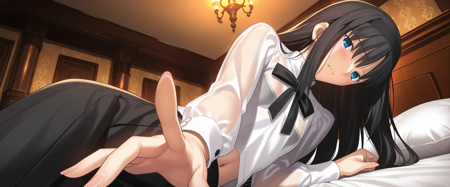 masterpiece, highest quality, High resolution, (1 Girl), masterpiece, highest quality, High resolution, (licking my dick:1.2), (holding penis:1.2), rin tohsaka, Aqua Eye, Black Hair, hair ribbon, Long Hair, ribbon, Side Lock, on bed, bedroom,