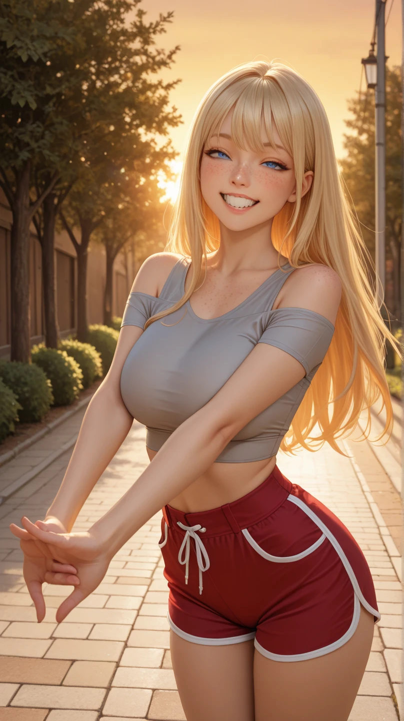 (((Perfect figure,figure,solo, White skin,(((cyberpunk,short sleeves, dolphin shorts, red t-shirt, pink shorts, red shirt, , ))),(((MiaChadef, long hair, Long Straight blonde hair, brown eyeasterpiece)), high resolution, ((Best quality at best)),masterpiece,quality,Best quality,((( Exquisite facial features,Looking at the audience,There is light in the eyes,(((Happy))),(smile),(((Light and shadow,Huge breasts))),(((Looking at the camera,out door background,Lying on the ground,Look up at the camera,from above,Overlooking))))