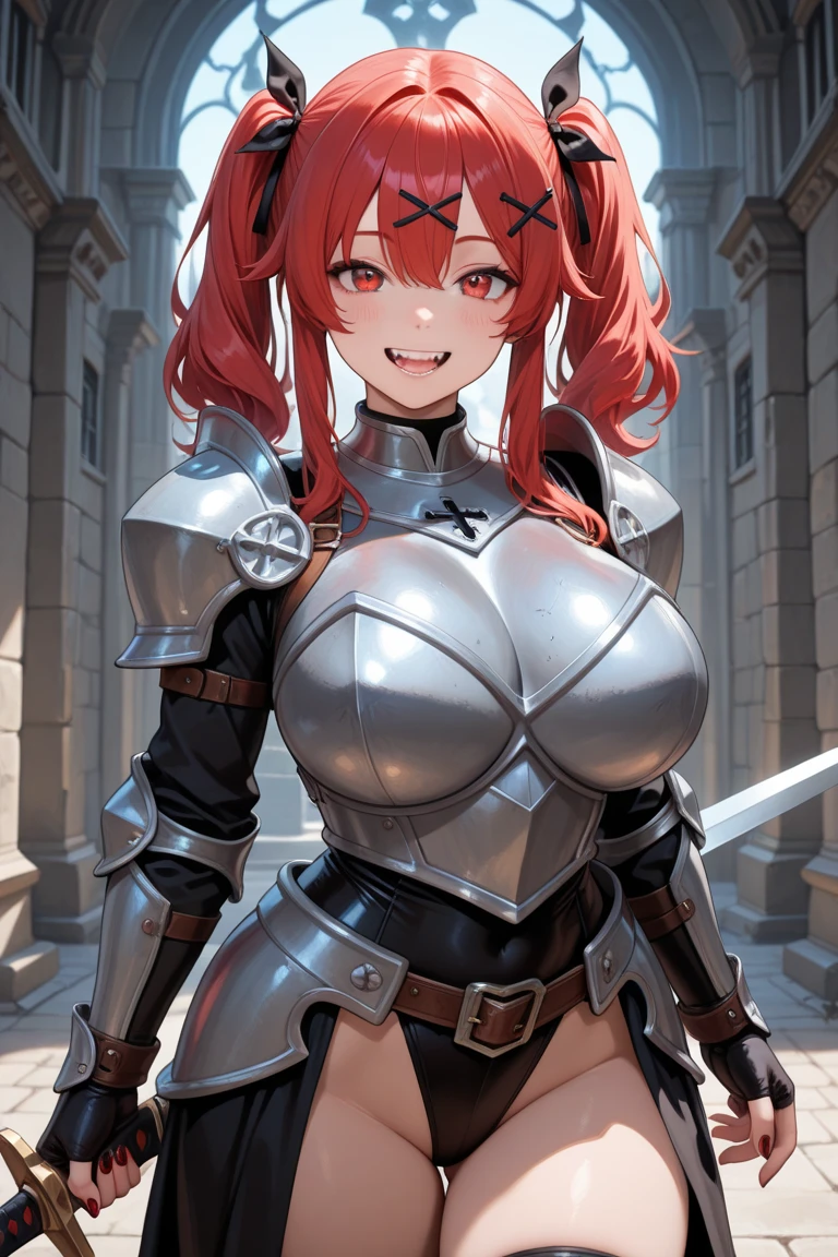create for me the image of a girl in medieval armor, she is on a fighting brave pose with a brilliant smile and she has her hache laying on her shoulder, she has messy, short and red hair, green eyes. She's strong and her body doesn't have much curves.