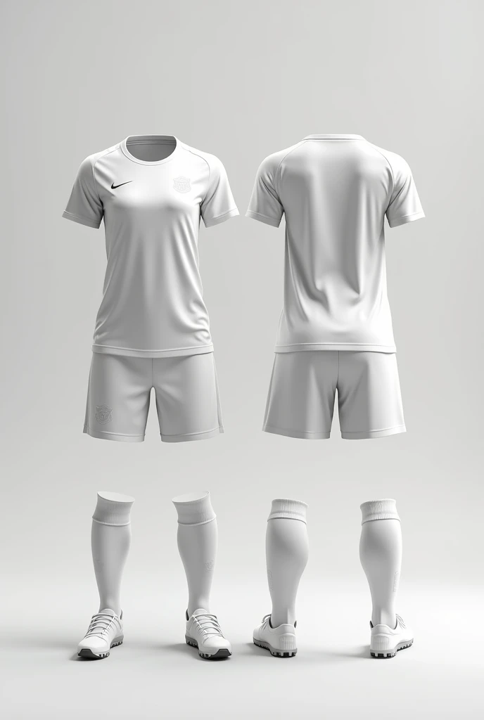 um close up de uma camisa branca e shorts em um manequim, Roupas realistas, uniforme branco, Roupas realistas, tennis wear, roupas esportivas, roupas altamente detalhadas, camiseta esportiva, white clothing, roupas brancas, roupas esportivas, mangas curtas, sport bra and shirt, Vista frontal traseira e vista lateral, roupa feminina, wearing a volleyball jersey, clothing concept, women's soccer mockup, 8k
