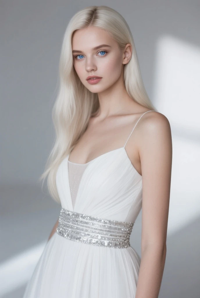 Mulher 22 anos, pale skinned, maquiagem, cabelos brancos, vestido branco longo, seios grandes, white hair