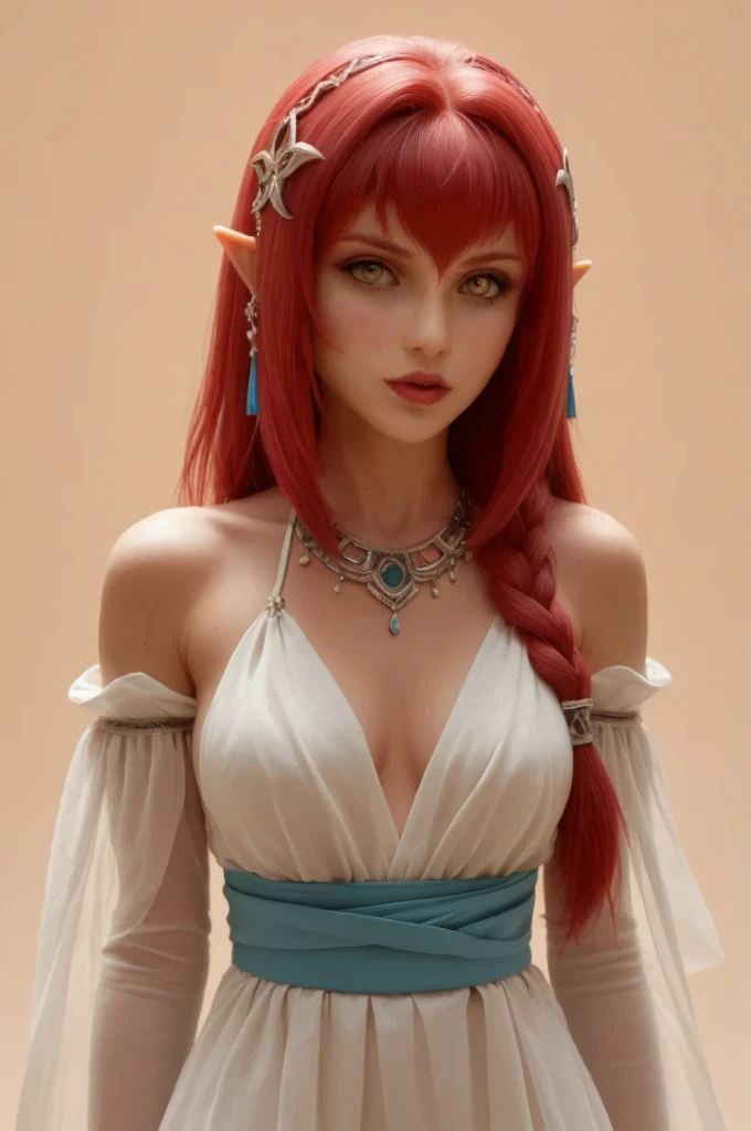 ((best quality, masterpiece, 4k, Best anatomy)), moody lighting, beautiful elf woman, ((crimson red hair)), ((very long hair)), perfect face, innocent smile, sparkling eyes, ((blue gray eyes)), ((naked)), (()), ((slender)), ((flat chest)), ((18 years old)), skindentation, extreme detail, attractive oval face, pink lips, pink nipples, glossy skin, detailed hair, face focus, close-up chest, gold ornamental necklace, earrings, ((1 girl)), blush, embarrassed expression, anime girl, 3d render,