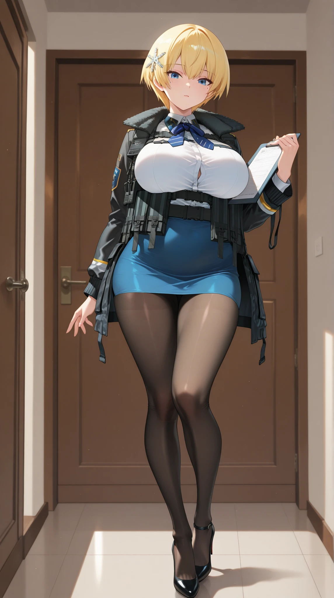 full body standing straight symmetrical, huge boob(masterpiece, best quality:1.2), cowboy shot, solo, 1girl, mmplatz, smile, looking at viewer, hands on hips, twintails, twin drills, dress, blue pantyhose, striped pantyhose, Handcuffs on their hands, With a collar around the neck
