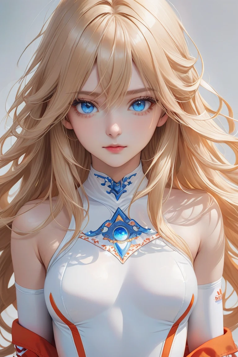 Young Blonde Anime, aesthetic body, Dark blue eyes, In white clothes with blue details, in spacecraft, Gold necklace included
