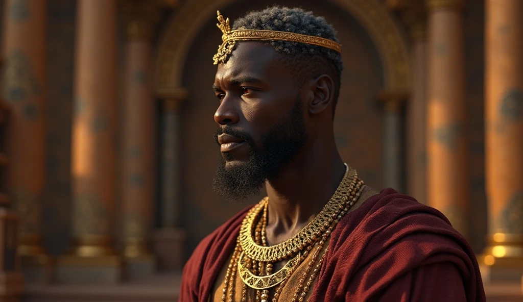 African man with golden crown and king's cape standing with a tower behind him