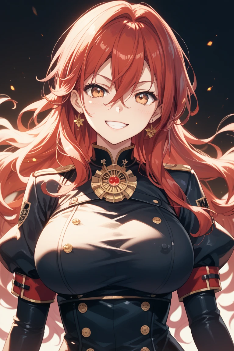 1 girl, (masterpiece), (high quality), (8k resolution), (best quality), (masterpiece:1.5), ((anime)), vibrant details, 1girl, (cute:1.2), beautiful, high-quality and detailed face, perfect face, (light red hair:1.4), rosy cheeks, detailed eyes, (green eyes),colorful eyes,(watery eyes),nsfw,, slender body, looking at viewer, shiny skin, big breasts, cleavage, ((red knight uniform)), sitting, fire land, straddle, (blushing:1.5), ahegao face, Accentuated Legs, short skirt
