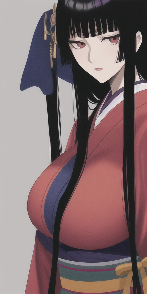 (NSFW), Ruka Rengoku, thick thighs, hourglass figure, half naked, sexy legs, Looking at the viewer with seductive eyes, closed mouth, attitude eyes, exposed breasts, hard nipples, exposed vagina, best quality, highres, bbyorf, red eye pupils, brown black hair, gold earrings, large breasts, jewelry, off shoulder, Japanese kimono, no panties, indoors, black stockings