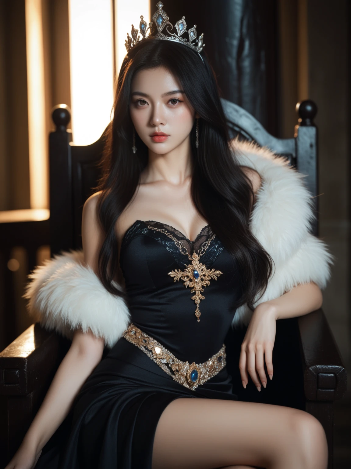 Best-quality, Masterpiece, Ultra-High-Resolution, (Photorealistic:1.4), Raw-Photo, 1girl, the most famous Japanese actress, wearing luxury-clothes, extremely beautiful big-black-eyes, extremely beautiful face, extremely beautiful hair, extremely beautiful long-eyelashes, extremely beautiful lips, extremely beautiful skins, looking at viewer, sitting on luxury-chair, sexy-pose, detailed beautiful-big-black-eyes, detailed beautiful-face, detailed luxury-chair, detailed luxury-clothes, detailed beautiful-hair, detailed beautiful-skins, detailed beautiful-long-eyelashes, detailed beautiful-lips, detailed sexy-pose