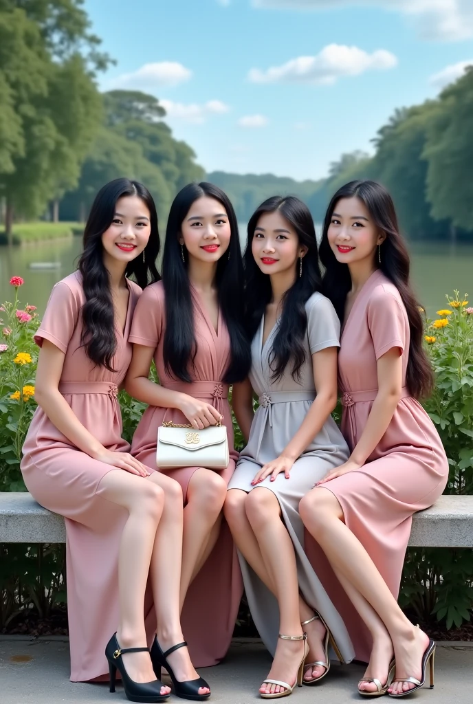 (8k、RAW Photography、top-quality、​masterpiece:1.2)、(realisitic、Photorealsitic:1.37)、ultra-detailliert、超A high resolution、人物、group portraits、6 people、6 girls、full bodyesbian、Elegant dress、Background of autumn leaves、valley、see the beholder、Beautiful detailed person、skinny face、a smile、Constriction、(slim waist) :1.3)、The shirt、Beautiful detailed skin、Skin texture、floated hair、profetional lighting、