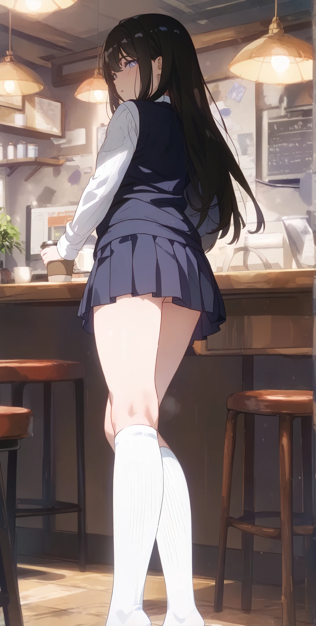 high school girl、white high socks、ribbed high socks、Pure white socks、uniform、pleated mini skirt、full body shot、masterpiece、Highest Quality、realistic、beautiful skin、Delicate Expression、Calm Look、natural posture、fine texture、Soft Light、Warm Colors、Portrait、4K rendering、steaming coffee cup、A moment of calm coffee break、