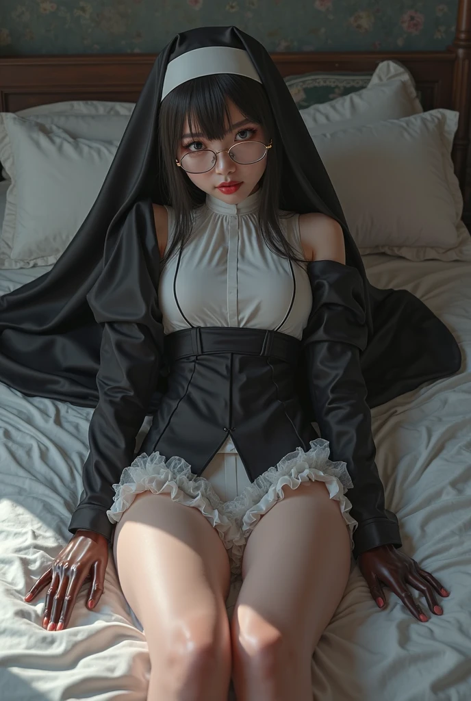 Loli Child girl child 8 years old , infant body , long black frinje hair , nun , olhos azuis , face shy tears tears , seios planos , Lingerie white , Gloves buquê , garterbelt , meias longas , Infant body . Infant body , Lingerie thong white , sit chair very open legs, cup of coffee. Spread legs , sign of peace with the hands