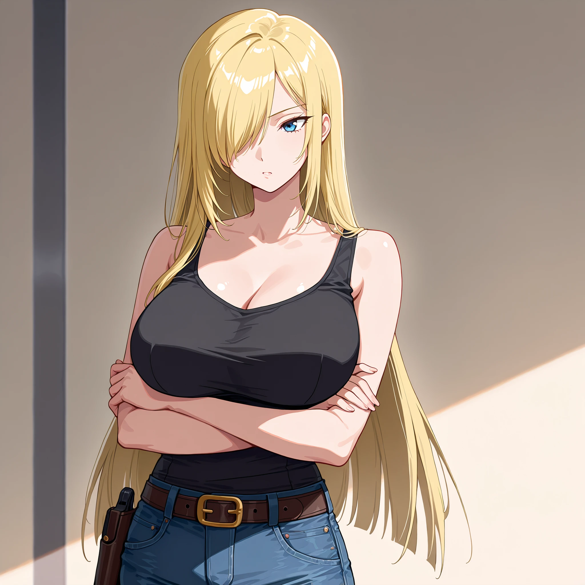 Masterpiece,8k,Anime girl,adult women,solo,one eye covered, blonde hair, blue eyes, large breast,jeans pants, belt,black tank top,casual,beautiful girl,long hair,straight hair,  straight body, crossed arm, front view, upper body,Arsenal room, black sidearm holster, 