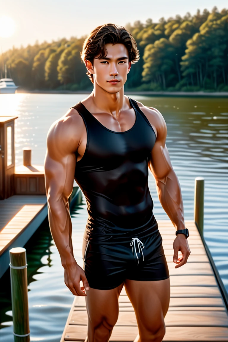 Korean, a male swimmer in a black triangular swimsuit with light tan, Muscular body, Naked