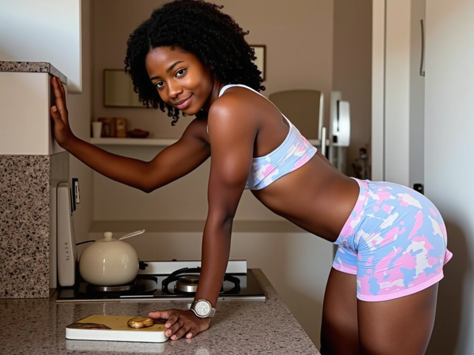 Instagram model, ultra realistic, brown hair brown eyes , tanned, tight sports bra, tight sports shorts, kitchen 4k