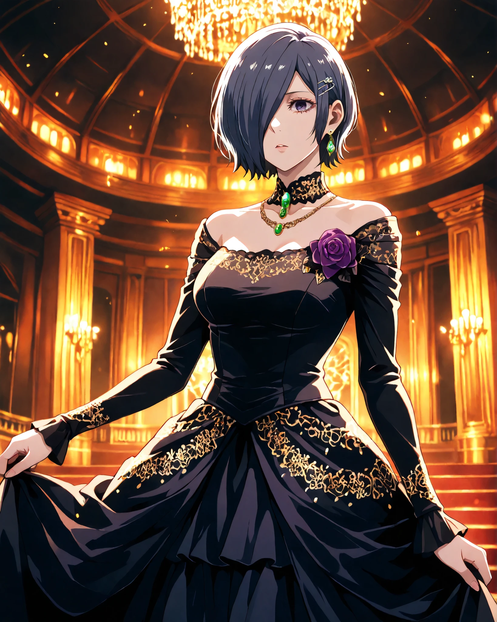 highly detailed, ultra-detailed, finely crafted features, soft lighting, (( kirishima Touka)), anime girl with ((short dark blue-purple hair covering the left eye )), inspired by Tokyo Ghoul style, elegant face, smooth complexion, deep blue-purple eye, wearing an ornate black dress richly decorated with fine embroidery and artistic patterns, luxurious fabric with subtle jewel embellishments, silver accessories around her neck including a detailed necklace with gemstones, elegant earrings and hairpins, waist design featuring a rose-shaped ornament, placed in a grand classical concert hall with warm glowing lights, refined and majestic atmosphere