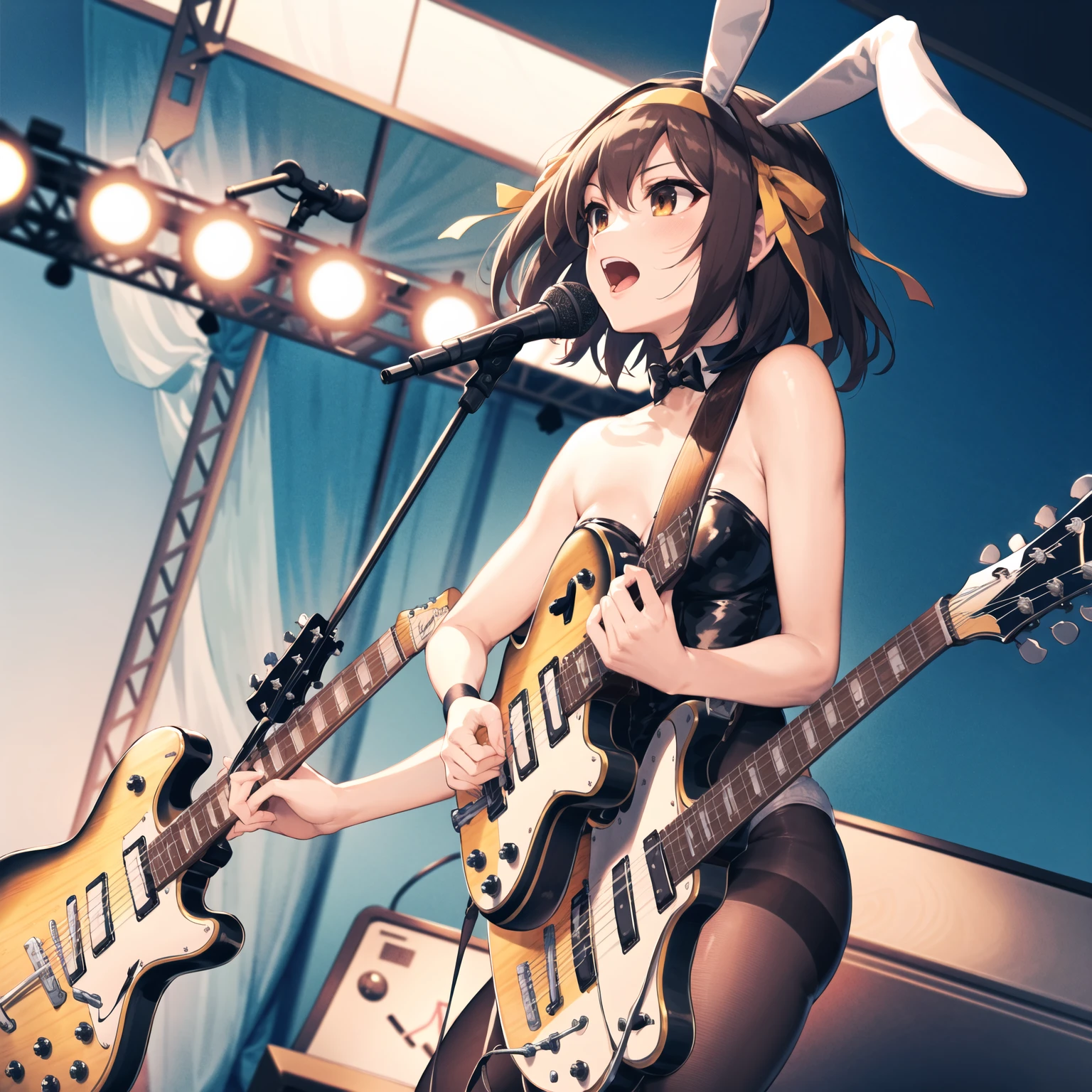 ((Masterpiece)), (High Definition:1.3), (Professional Photography:1.2), 8K, Realistic, Beautiful photo, Cute 20-something Beautiful Girl, nude,tits out, Slender body, Textured skin, (cinematic lighting),(messy medium bob, purple color hair)、put on Black bunny ears, no clothes, nude, (crazy Eyes)、((hold a Telecaster electric guitar)), (stand on beautihul stage)、very blush、Big purple eyes, big Open your mouth, (crazy smile)