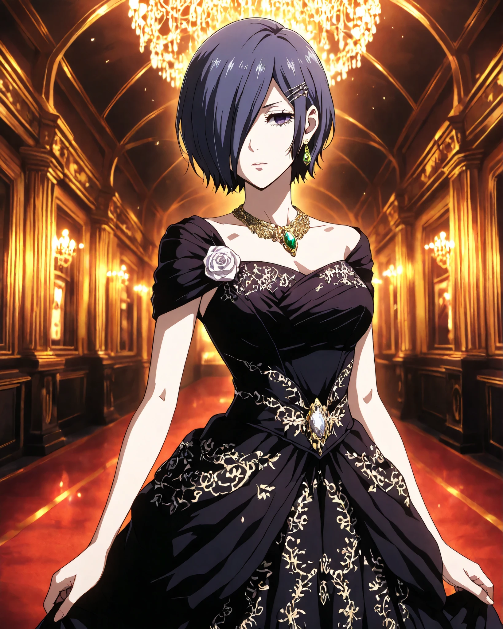 highly detailed, ultra-detailed, finely crafted features, soft lighting, (( kirishima Touka)), anime girl with ((short dark blue-purple hair covering the left eye )), inspired by Tokyo Ghoul style, elegant face, smooth complexion, deep blue-purple eye, wearing an ornate black dress richly decorated with fine embroidery and artistic patterns, luxurious fabric with subtle jewel embellishments, silver accessories around her neck including a detailed necklace with gemstones, elegant earrings and hairpins, waist design featuring a rose-shaped ornament, placed in a grand classical concert hall with warm glowing lights, refined and majestic atmosphere

