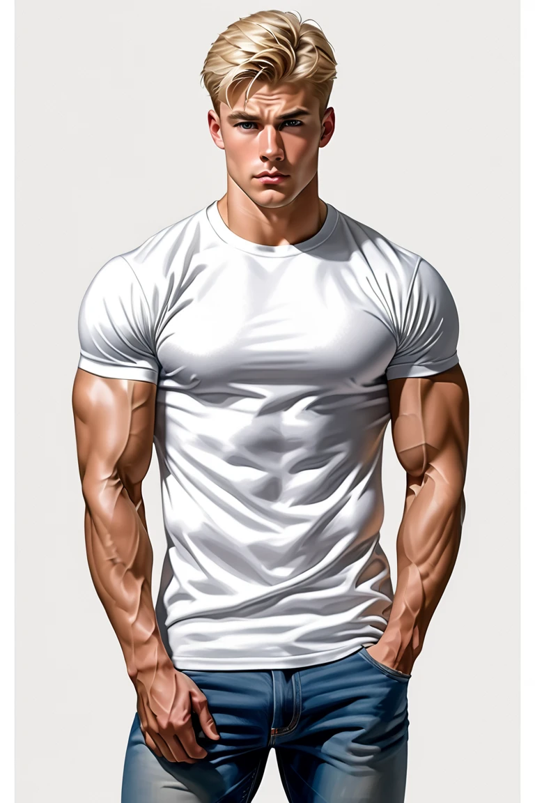 A handsome, muscular young man with big muscles, short black hair, an Adidas shirt, and tight navy blue shorts.