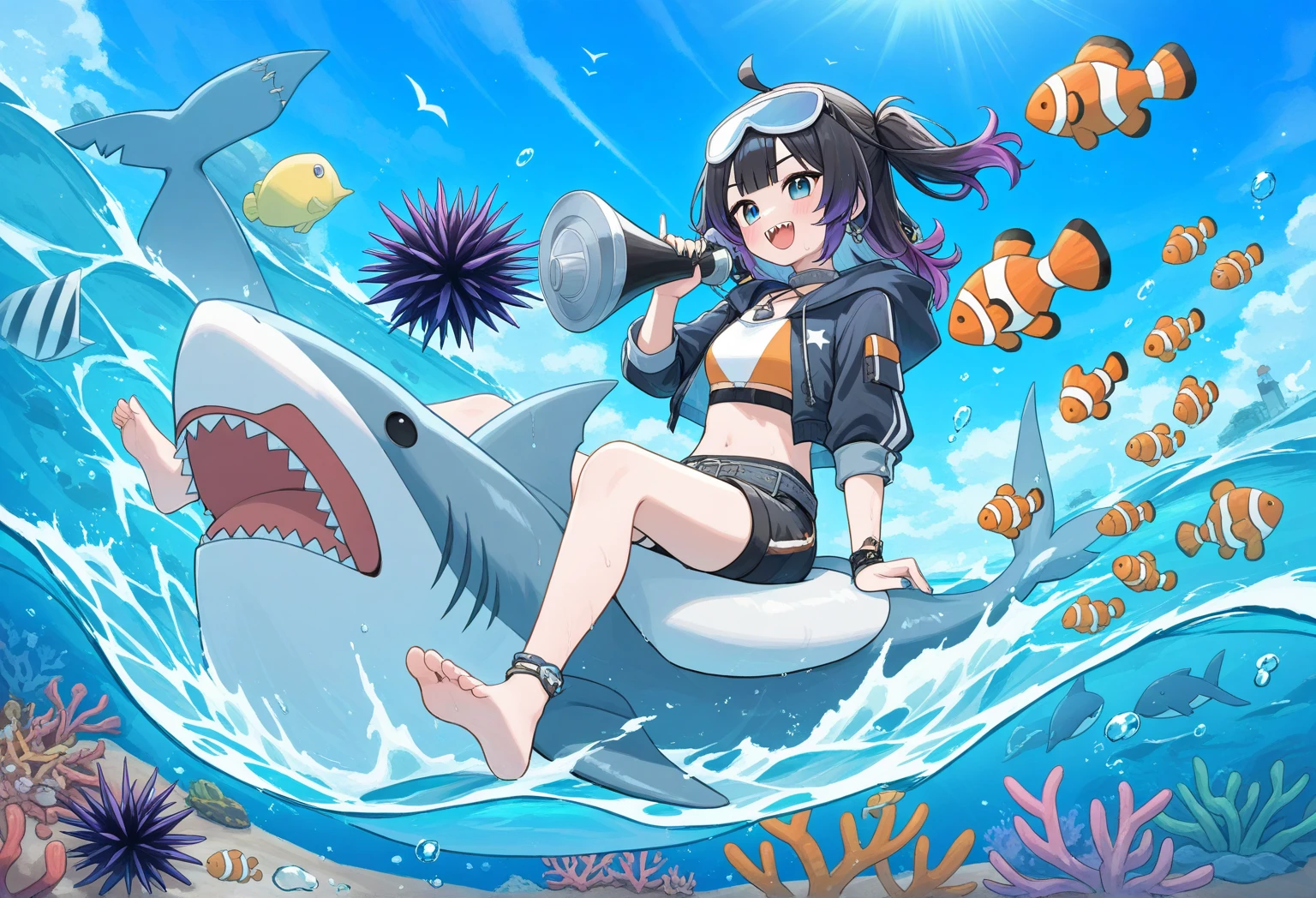 George Petty, Benjamin Jorj Harris, Surreal, mysterious, strange, fantastical, fantasy, sci-fi, Japanese anime, whale in a fishbowl, beautiful high school girl in a miniskirt feeding, perfect voluminous body, ship in the distance, detailed masterpiece Hyper Realistic sharp focus tits ass zoom in close up sexy erotic provocative 