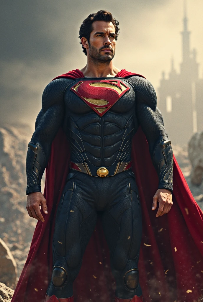 King Kal El with majestic regal ornated costume and Kryptonian Cyber Troops hovering the Dystopian City Scene