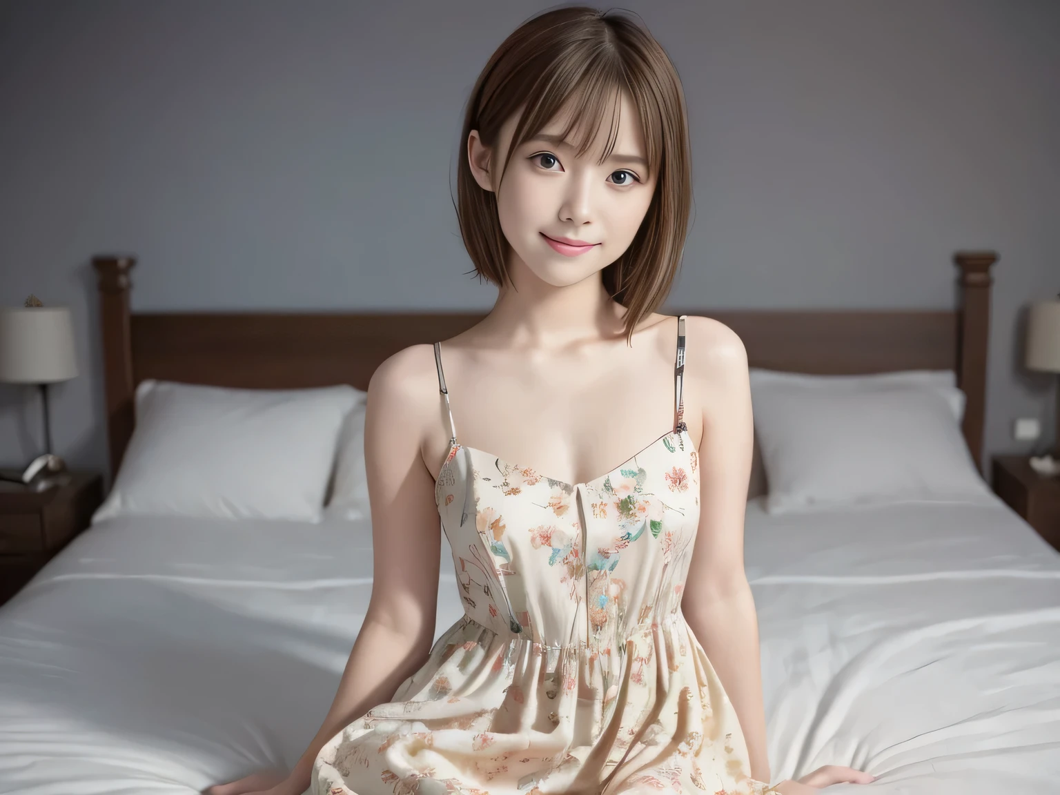 (( 1 European woman )), (tween model, , young)),( brown short short hair), Beautiful Like a Fairy, Seductive nervous smile , symbol body, exposed chest, naked, Soft light, lies in the bed, full body image, masterpiece, 最High Quality, photorealistic that crosses the line of sight, 8k, high resolution, detailed skin, 8K Ultra HD, dslr, Soft lighting, High Quality, film grain、(light golden clothes )、(mini dress)、((Completed))、(((One woman)))、((The band has a fine floral pattern ))、(see through)、(shiny clothes)、