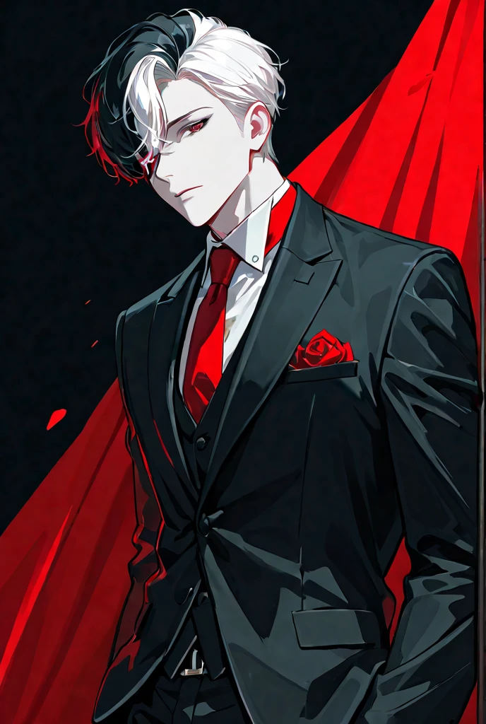 (best quality, masterpiece), 1boy, upper body, injury, blood splatter, blood, formal, looking down, looking at viewer, white hair, vampire, hand in pocket, muscular, smile, dark mood
