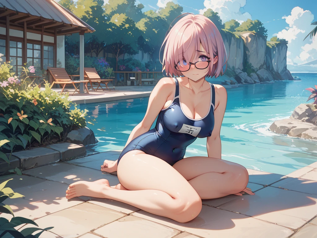 masterpiece、top-quality、Ultra Detail、, 1girl in,beautiful lighting、1girl with、(((12 years old)))、(((a junior high school student)))、(((Beautiful Girl)))、(((School swim wear)))、(((School Swimsuit)))、(((medium breasts)))、ren、Beautie、Red glasses(((Red glasses)))、little blush、Young Face、(shiny lip:1.1)、(beautidful eyes:1.1)、fantastic hair、short-hair、bob cuts、Pink hair、Red glasses、Platinum pink eyes、elf-ears、Well-formed face、medium breasts、A smile、masutepiece、Best Quality、High resolution、Cowboy Shot、From Side、Pale skin staring at the viewer、Curve、Blunt bangs、lightsmile、Fingernails、Sunnyday、suns、Cloudless sky、(((swimming pools)))