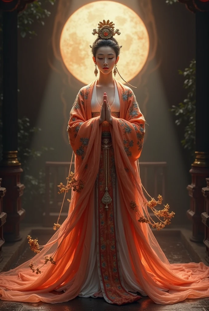 high quality photos, Buddhism, Guanyin Bosatsu costume, Japanese Women in Tang Dynasty Costumes, dark background, Radial Light Shines, and look at the camera, full body image, Praying Hands