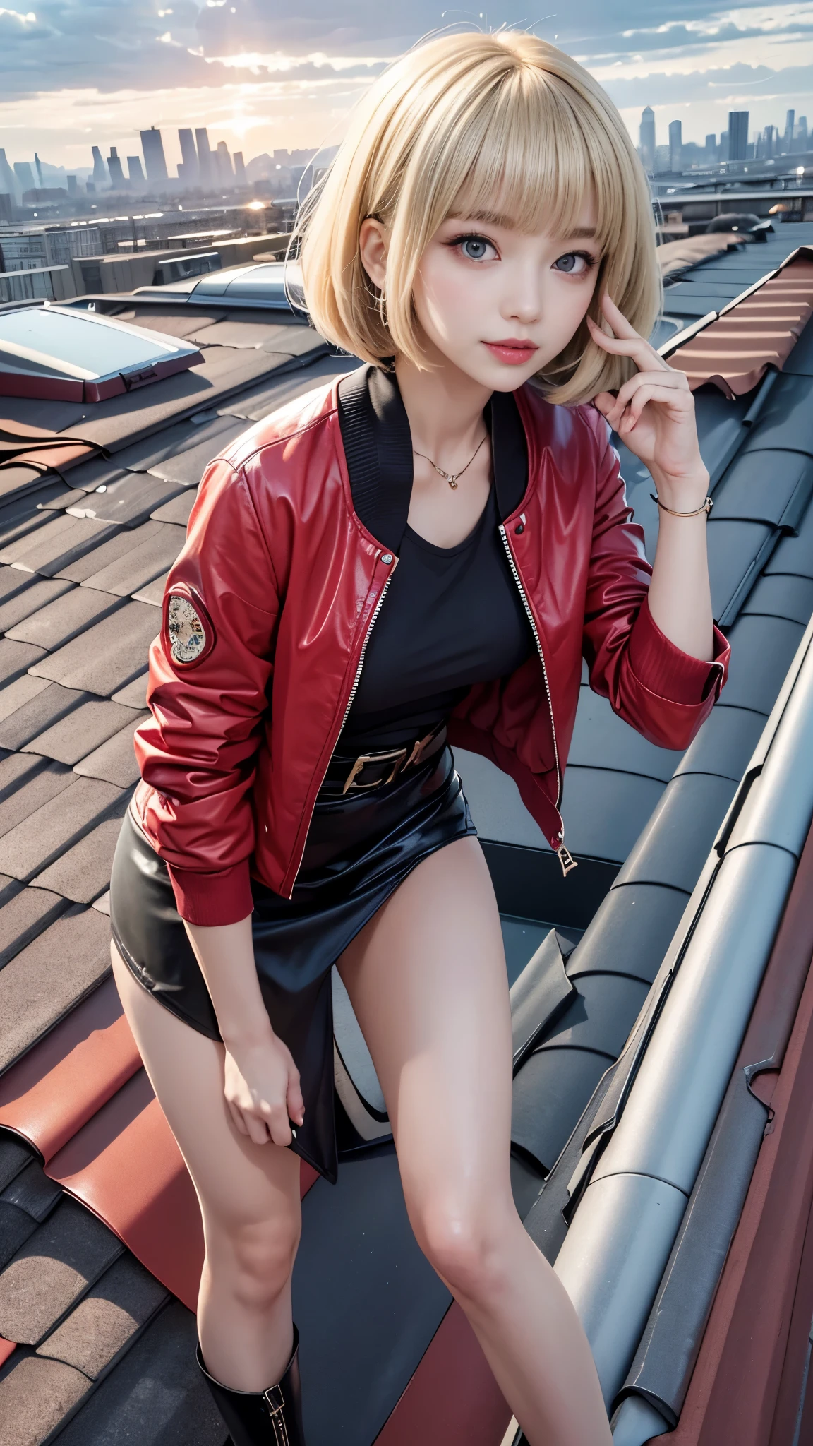 ((Glamorous Rooftop Stage:1.6)), Poses for good posture, stylish, I have a guitar , Slightly Smiling, brightネオンが光る街並み, (In 8K、RAW Photo、detailed beautiful eyes, Highest Quality、masterpiece:1.2)、kawaii, Detailed cute smile , (realistic、 Detailed Photorealistic :1.3)、 8k, (beautiful smile), high resolution, 高精細Skinと顔のテクスチャ:1.5, ( super flat , flat shooting, flat color:1.1)、(詳細Skinのテクスチャ), (girl in black)、(glamorous:1.3)、 detailed round face , Detailed beautiful girl、( High Detail Skin : 1.2)、photorealistic anime girl rendering、Realistic anime 3D style、beautiful platinum blonde hair、Straight bangs、Transverse Bang 、asymetrical bangs、detailed eyelashes、red eyes、attractive、 shiny red jacket ,very big breasts、(perfect anatomy)、((riders jacket with heart pattern motif、 flashy shirt with fine details , mysterious、black skirt、silver accessories))、Good Posture Pose, curvilinear、glamour、sexy、(Red long boots )、Body shiny whoil、(black mini skirt)、(in a leaning forward poshon、shiny blond hair , blonde bob cut 、 rugged riders jacket made in England , Straight bangs , disheveled hair, feet :1.5)、Detailed red lips , ( shiny long boots )、A big csorey where you can see the sunset at 6 p.m.、my body gets wet from the rain、(Glamorous thighs), thick thigh, 詳細Skinのテクスチャ, Neon Urban Areas 、(Cyberpunk)、(Futuristic car、Flashing red light)、volume lighting、Soft light、 bright、bright colors、watercolor、Neon afterimage , ((5 finger)), wet skin, Thick waist, Detailed Thigh, Perth background composition, Afterimage of Light , Fluffy scarf , shiny skin, big eyes, Five perfect fingers , Vibrant, Sharp focus, Ultra HD, photorealistic, 5 finger, 4 finger, 1 thumb , (((Only two perfect legs))), gloss々Skin, spotlight, SMOKE STAGE, gothic ta clothes,