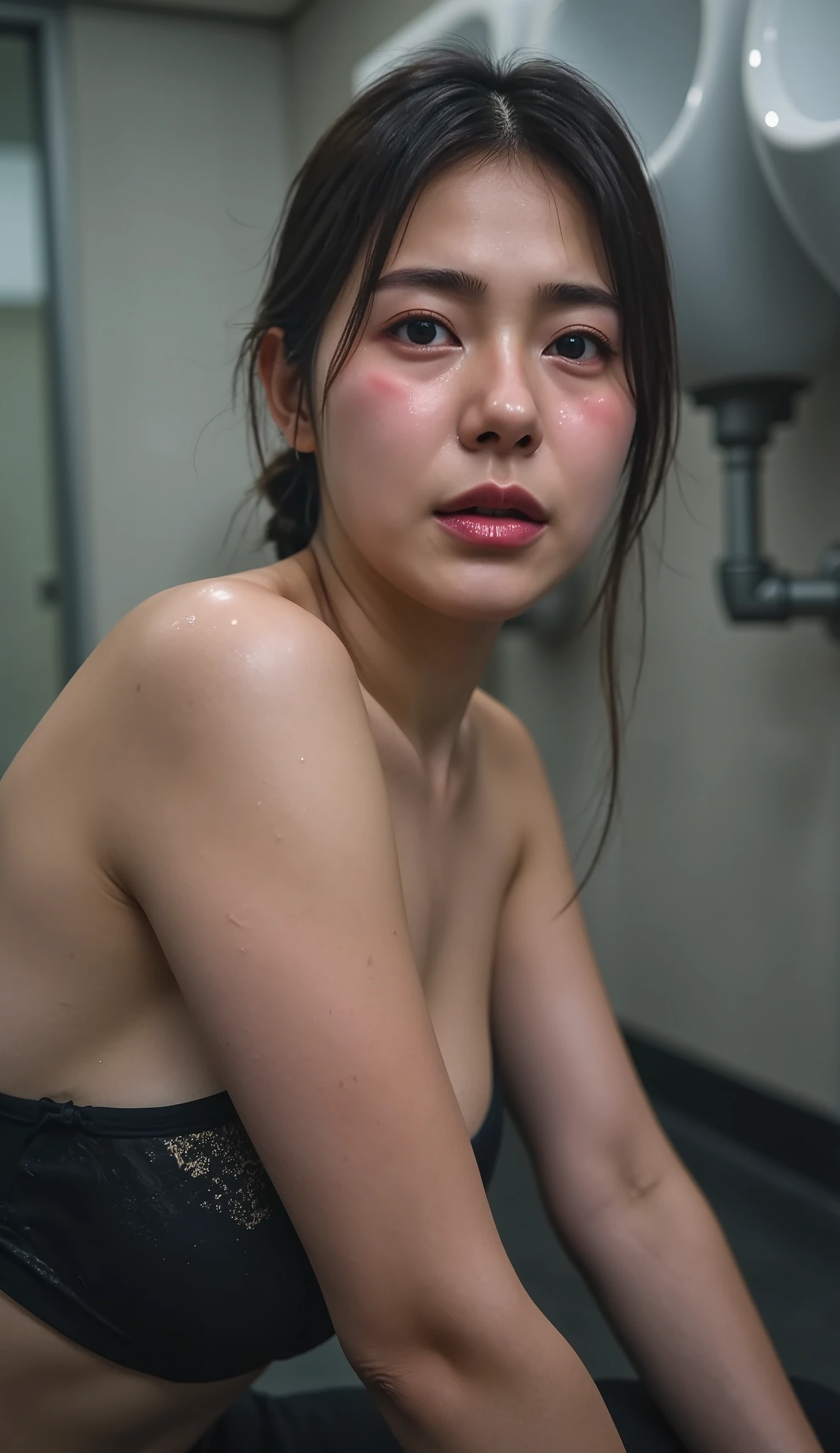 beautiful dark haired woman ,Japanese 30 year old female , Inside a Japanese public toilet , In front of the men'Urinal , sitting on the toilet floor, Randomly express a woman's face。 , (( scary climax )) , close up with eyes , ( 8K ultra HD info show :0.8), Super Detail , RAW amateur pics ,(( face and body wet with water)),grimace, stimulating , frown, Wide mouth ,panting face, had a ,chest, neck, and face shining wet with sweat ,Coordinating Your chest to SEXY , Scandal of a beautiful actress , idol anime heroine , sex,seat, 胸元はsweatだくで、Rotate , sweaty,( wet filter) climax face ,length, Narrow nostrils, Sculpted face ,Greek Nose,((sweat, oily skin)) face and body are wet with water , sexハードオーガズムの女性の顔をランダムで表現して, ,(( face and body wet with water )),((grimace, stimulating する, frown, Wide mouth ,panting face,))
