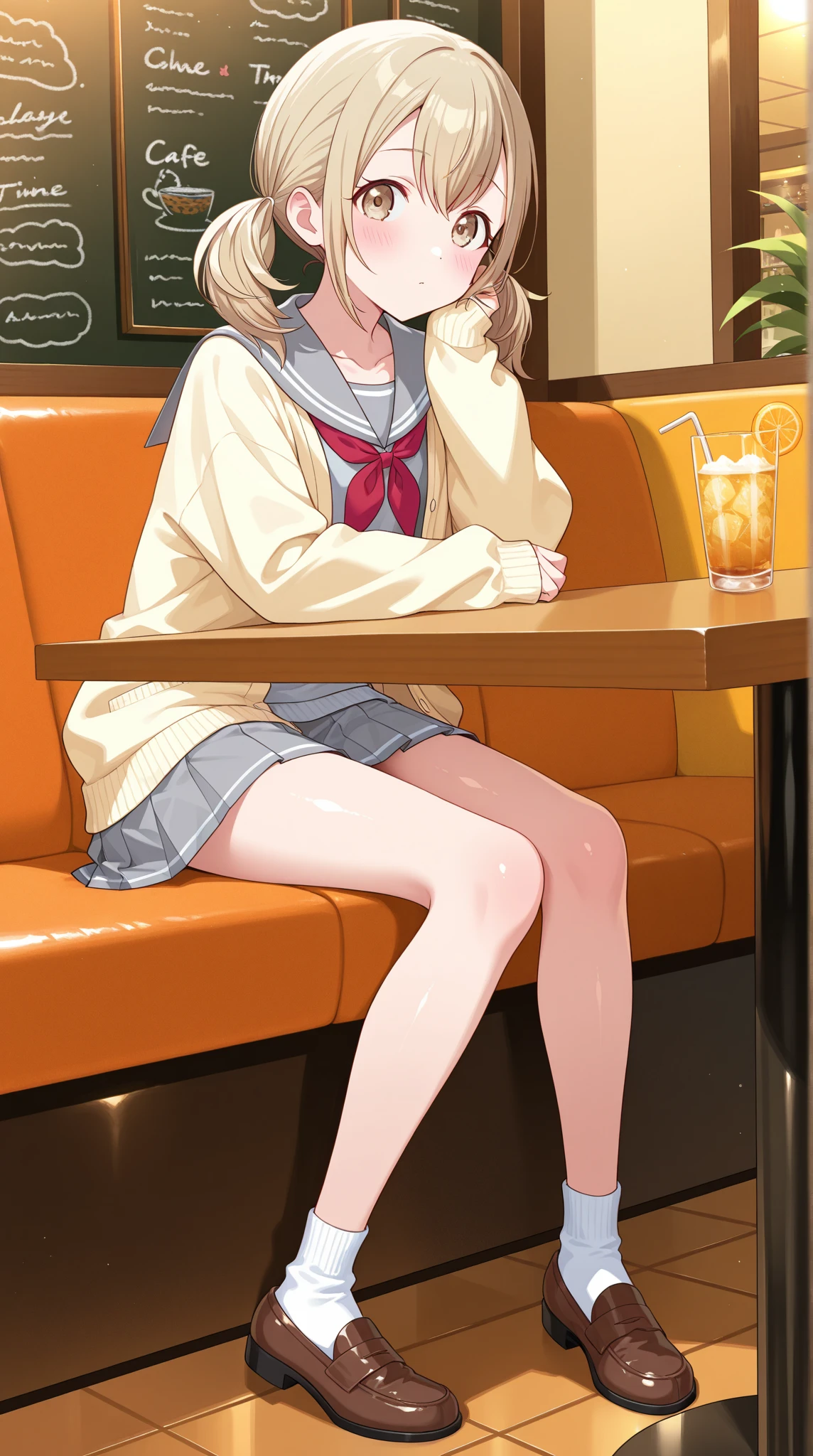 score_9, score_8_up, score_7_up,anime_source, source_anime, best background, detailed background, anime screencap,  Nogami Izumi, school costume, indoors, , blush,  body, dynamic camera, wariza, on floor, solo, drinking, bubble tea, sitting, crossed legs, chair,  <lora:JN_Nogami_Izumi:0.8>