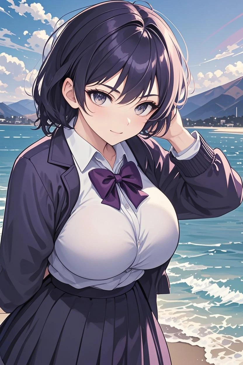 front, Overlooking, having a bird's-eye view, Downward perspective, big boob, large breasts, Blushing, Being looked down upon