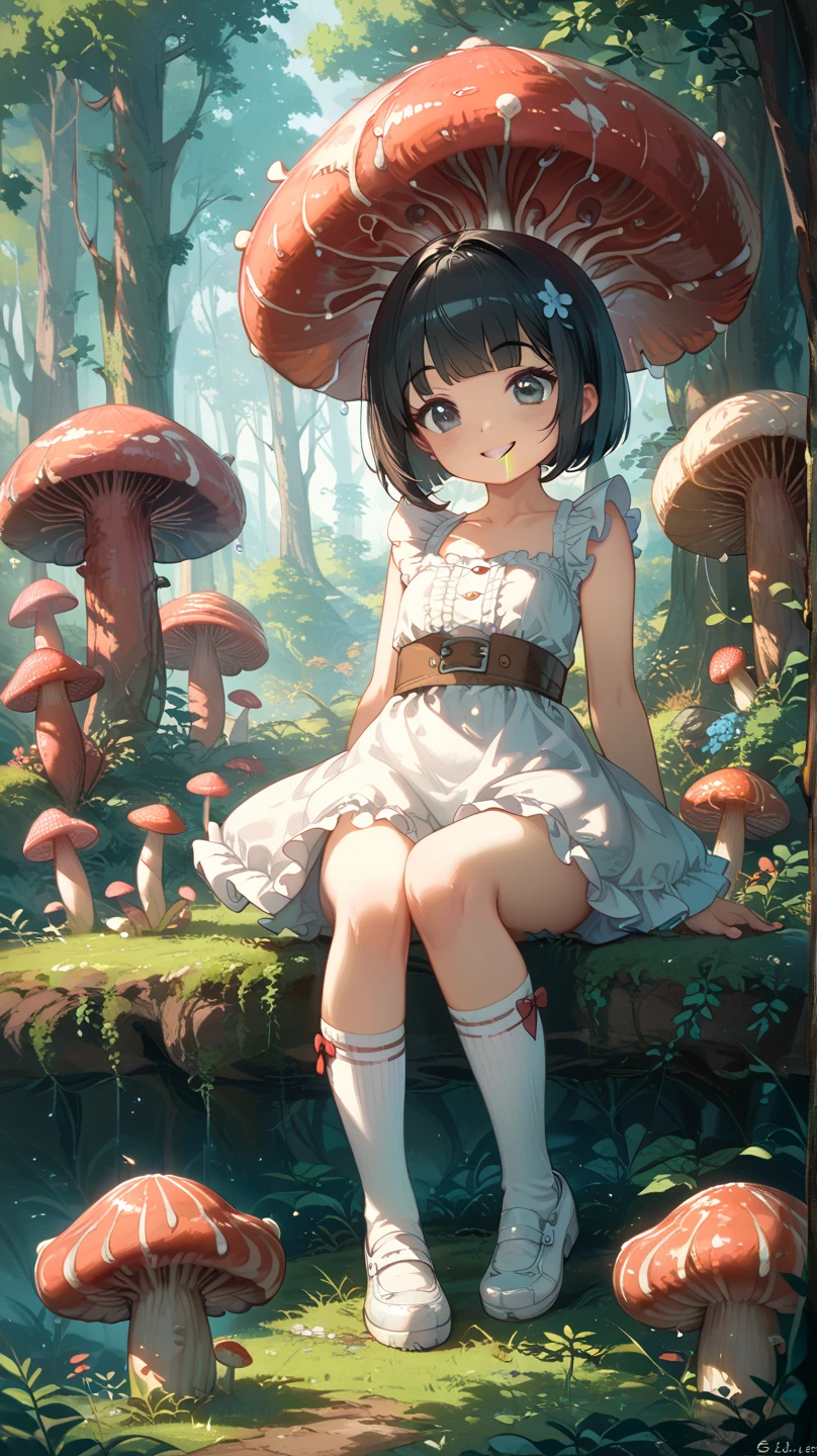 1girll, Black hair, Red eyes, dress, at class room，Mushrooms grow in the classroom，(Solo:1.3),Simple drawing, Mushrooms and girls, huge boob, Big smile, Mushrooms + Mushrooms + Mushrooms + Mushrooms + Mushrooms,Red mushrooms，Cyan mushrooms，White mushrooms, Mushrooms grow on the body，From the side Side，Dancing，Watercolor illustration, Perfect anatomy, Masterpiece, Best quality, 1girll, Loli,pupils, landscape