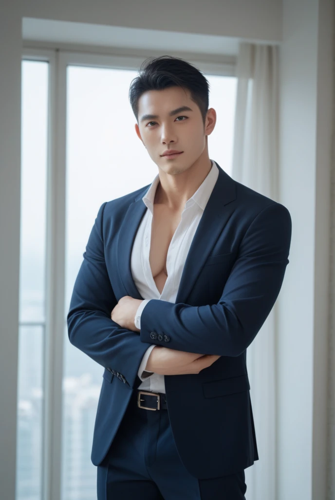 A man with black hair, pink highlights, black eyes, a handsome face, Full chest muscles, Buzz cut,Stylish short hair,a mischievous smile, eyebrow piercing, nose piercing, wearing a Spider-Man costume. Face looks like a Chinese man A little muscular sexy poses and hugged the neck of a tall man with white hair, red eyes, and a mischievous smile. Wear a white suit and have long hair. His face was handsome, tall, muscular, and smiling. He held a katana.