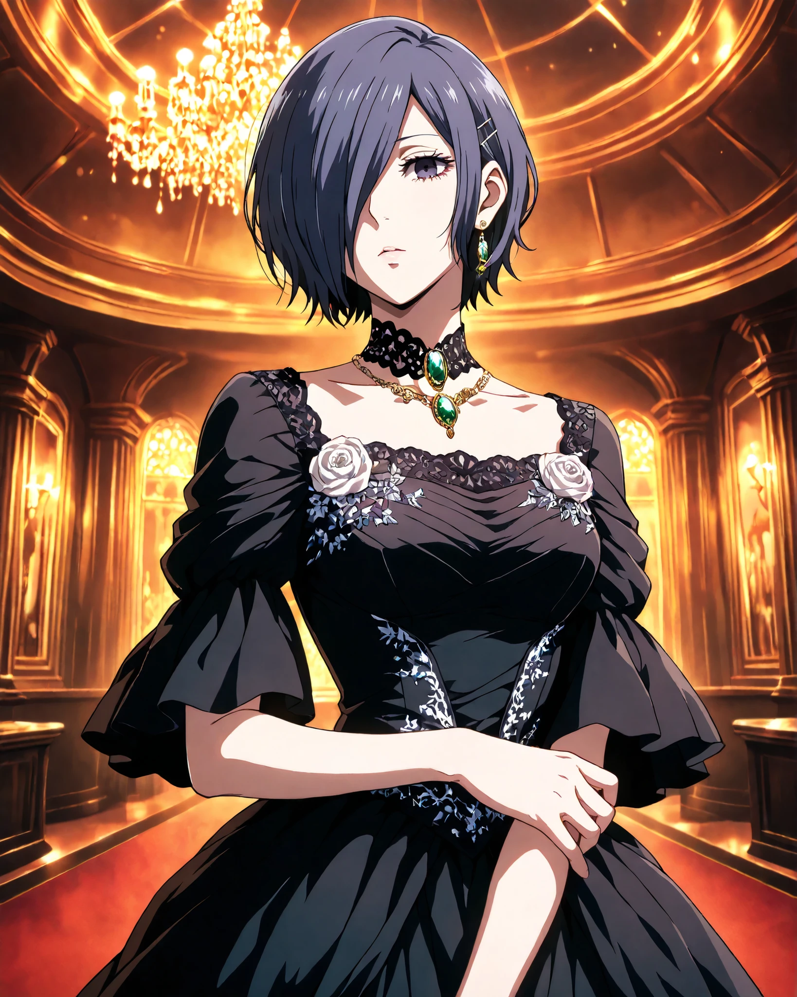 highly detailed, ultra-detailed, finely crafted features, soft lighting, (( kirishima Touka)), anime girl with ((short dark blue-purple hair covering the left eye )), inspired by Tokyo Ghoul style, elegant face, smooth complexion, deep blue-purple eye, wearing an ornate black dress richly decorated with fine embroidery and artistic patterns, luxurious fabric with subtle jewel embellishments, silver accessories around her neck including a detailed necklace with gemstones, elegant earrings and hairpins, waist design featuring a rose-shaped ornament, placed in a grand classical concert hall with warm glowing lights, refined and majestic atmosphere