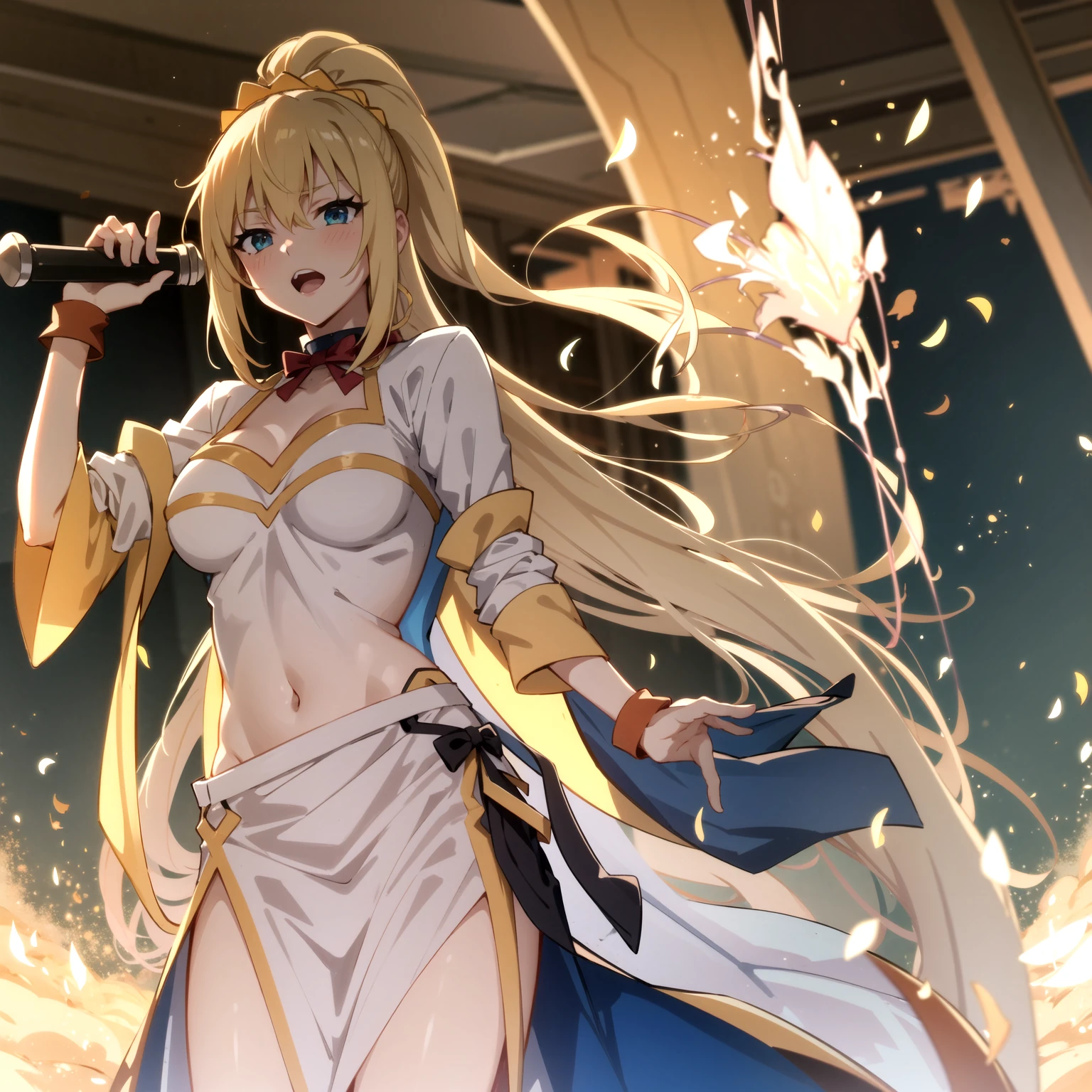 tall body, tall, long legs, mature female, mature, adults,
eft_Conservative_Darkness, Darkness (Konosuba), 1 girl, Gold, blue eyes, long hair, hair accessory, x hair accessory, ponytail, open your mouth, armor, solo, aqua (Konosuba), anime coloring, chest, day, parody on ko, Outdoors, upper body、naked
