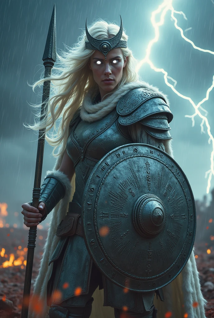 Valkyrie, ferocious Norse battle maiden, towering 3.5 meters, silver skin gleaming, radiant white eyes blazing, swan-crowned hair flowing, wearing runic-etched shining armor, thrusting a white-glowing spear and Odin shield, battling in a stormy Austrian battlefield, lightning illuminating blood-stained fields, raven wings fluttering, war roars rising, cinematic, savage, hyper-realistic, ultra-detailed, with dynamic storm effects, glowing weapon aura, and textured armor, --ar 16:9 --v 5 --q 2  

