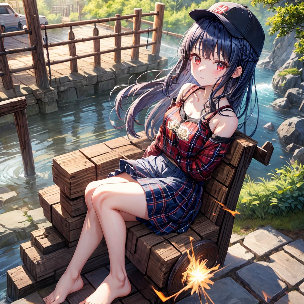 Red Blue Hair、One good looking girl、anime、Checkered mini skirt、Ruffles on the skirt、camisole、cardigan、Silver coin necklace、Desert Oasis