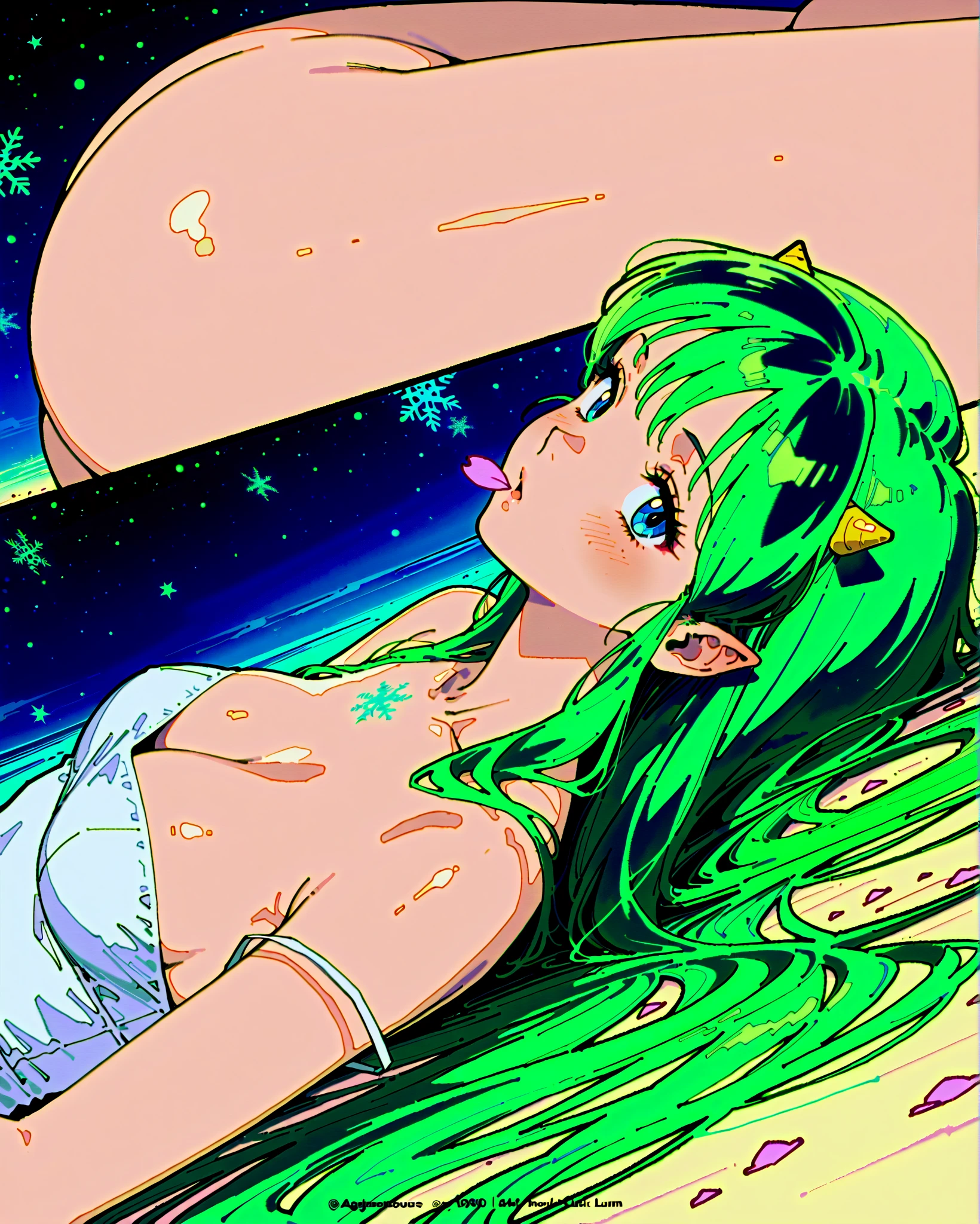 masterpiece, best quality, (closeup face:1,2), 1girl, naked, nipple, panties, goggles on head, sitting on ground, embrace knees, sad, forest, (polar lights:1.2), aurora borealis, winter, colorful, refflections in goggles, watercolor,