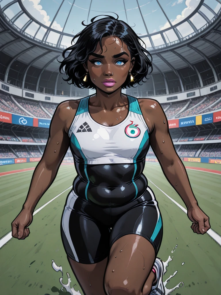 Frederica Greenhill, 25, short cut, green hair, running on a track, Giga_Busty, wears white jumpsuits