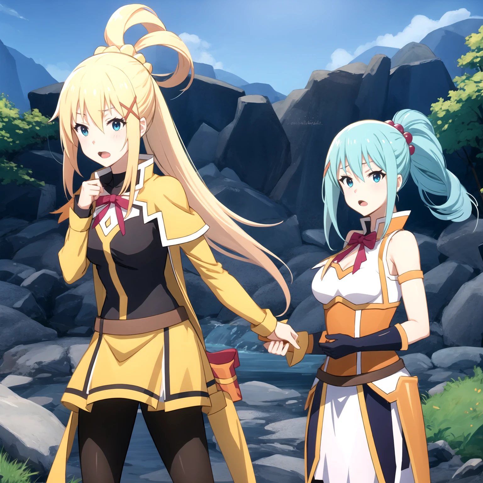 tall body, tall, long legs, mature female, mature, adults,
eft_Conservative_Darkness, Darkness (Konosuba), 1 girl, Gold, blue eyes, long hair, hair accessory, x hair accessory, ponytail, open your mouth, armor, solo, aqua (Konosuba), anime coloring, chest, day, parody on ko, Outdoors, upper body、naked