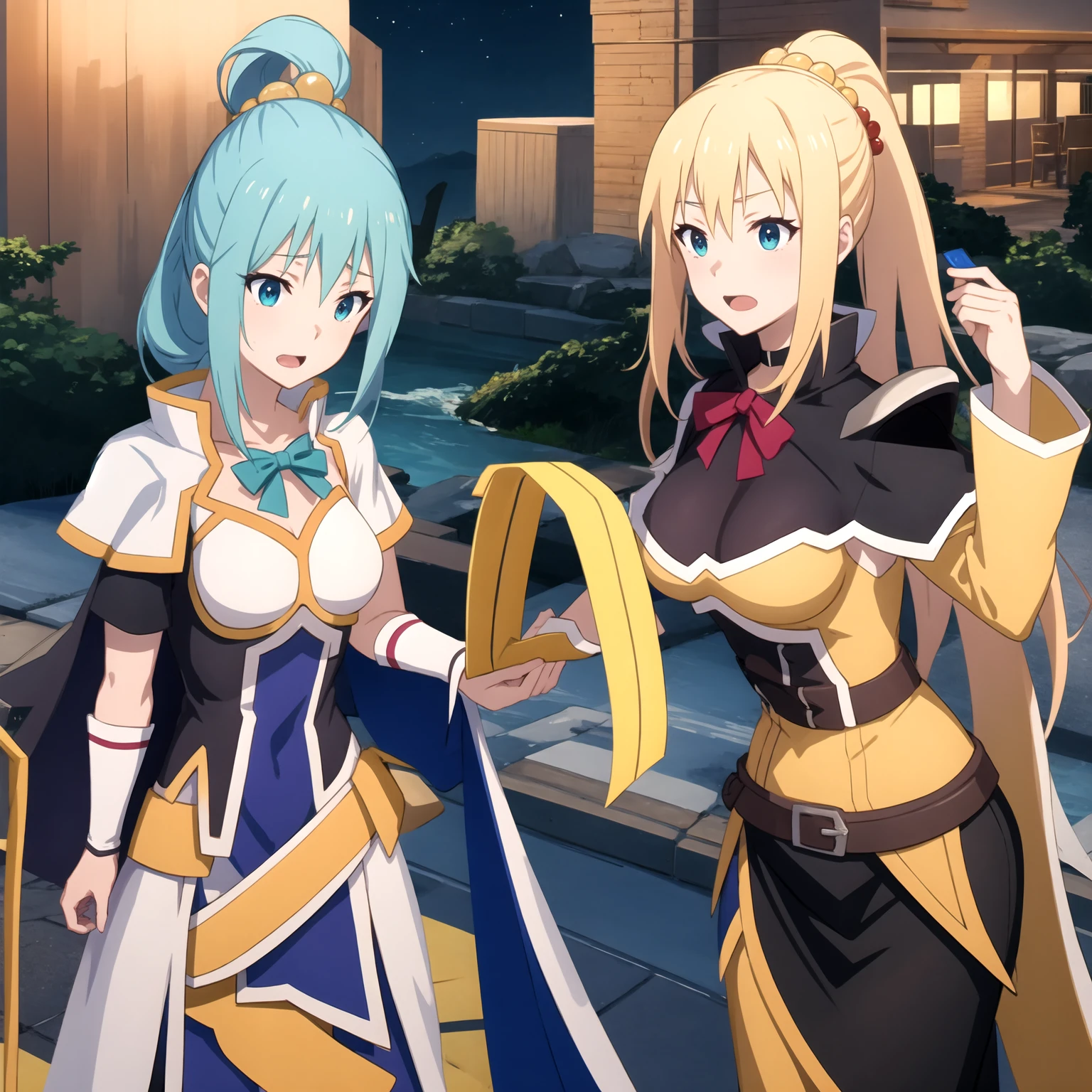 tall body, tall, long legs, mature female, mature, adults,
eft_Conservative_Darkness, Darkness (Konosuba), 1 girl, Gold, blue eyes, long hair, hair accessory, x hair accessory, ponytail, open your mouth, armor, solo, aqua (Konosuba), anime coloring, chest, day, parody on ko, Outdoors, upper body、naked