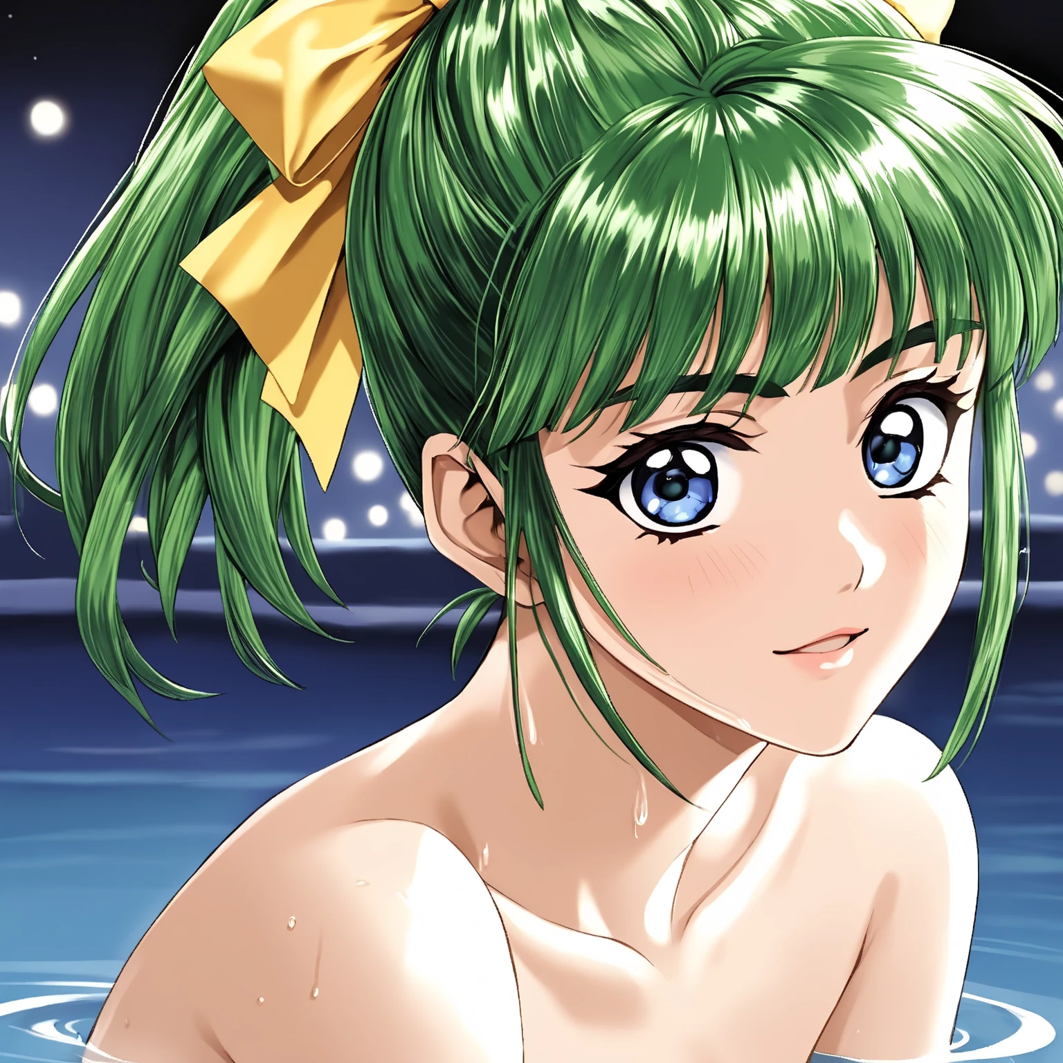 konoko anime woman, purple hair worn up, green eyes, swimming at a waterpark <lora:konoko:0.9>
