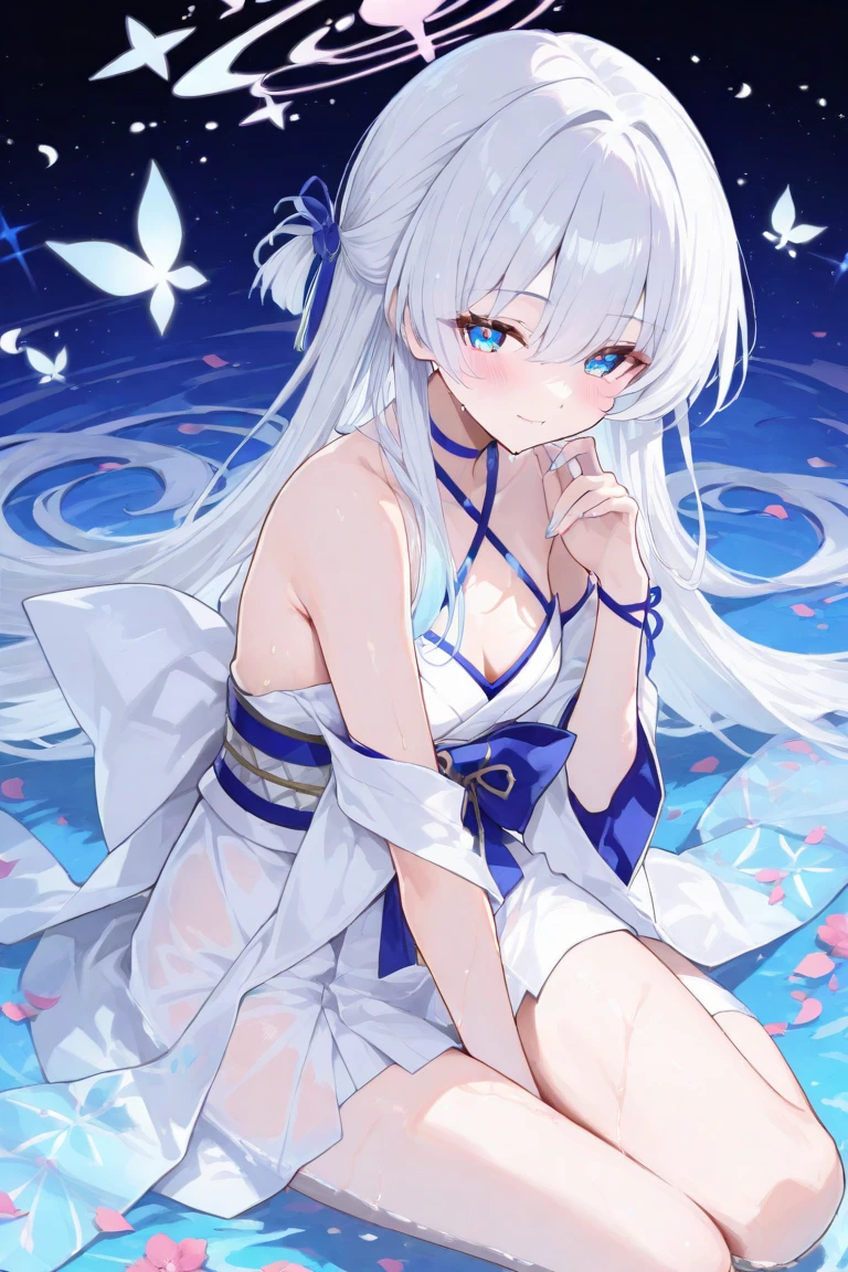 Pale blue hair, hair over shoulder, long hair, wet hair, ribbon, lolita hairband, mole under eye, happy tears, purple eyes, smile, shy, SFW, no sleeves, white panty, breast curtain, bunny ears, Open clothes, panties_down_pantyhose, Sitting , showing legs , 8k, super detail