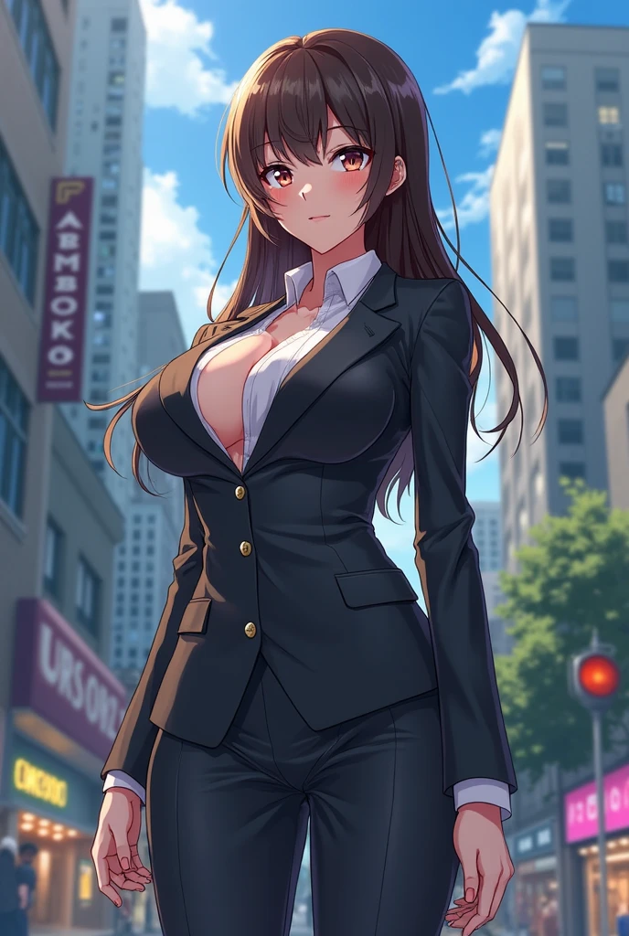 Woman in business clothes posing in the middle of a city street, 厳格なwearing a business suit, Smooth anime CG art, wearing a strict suit, Business service, in a strict suit, surreal , beautiful attractive anime woman, Photorealistic anime girl rendering, seductive anime girl, photorealistic perfect body, Renji Murata and Art Germ, wearing a business suit、mini skirt