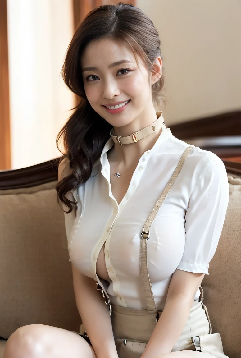 full bodyesbian,(Ultra photo realsisim), (illustratio), (A high resolution), (8K), (The is very detailed), (Most Best Illustration), (Beautiful and detailed eyes), (best qualtiy), (ultra - detailed), (tmasterpiece), (the wallpaper), (详细的脸), one-girl, Look at the front, finely detailled, 详细的脸, low tune, pureerosfaceace_v1, dark eyeliner, By bangs, The large, (best qualtiy, 8k, 32K, tmasterpiece) 1gril,Brown ponytail,big cleavage breasts, (Detailed white loose shirt:1.5), shorter pants,, blouse with a white collar, choker necklace, (Detailed lace bra: 1.1), (Slouching: 1.8), ssmile, on the floor on all fours, looking down below,